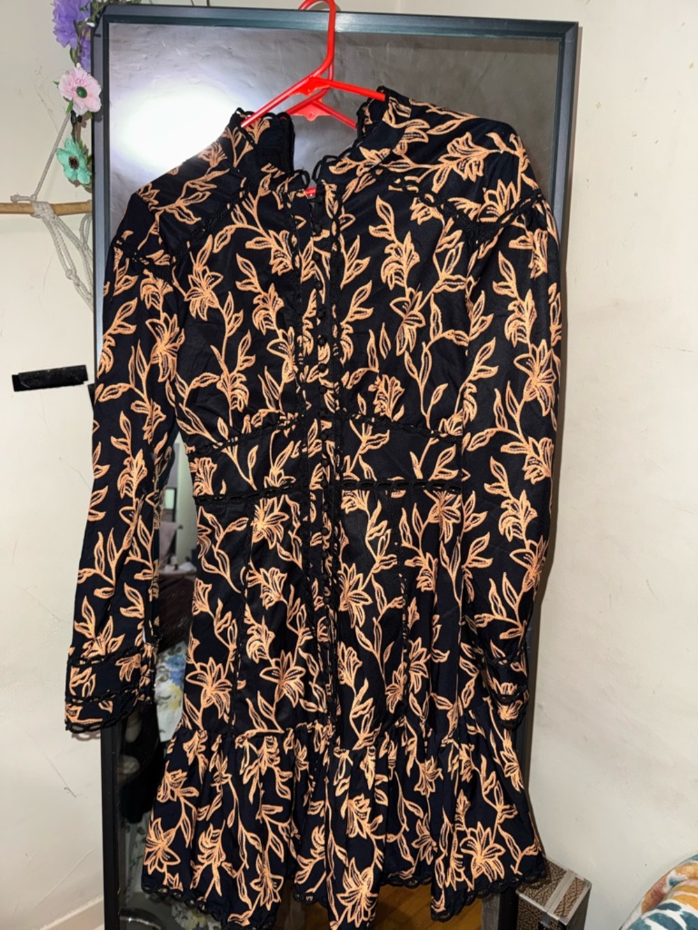 Beulah Black Dress with Peach Floral Ruffle Accents